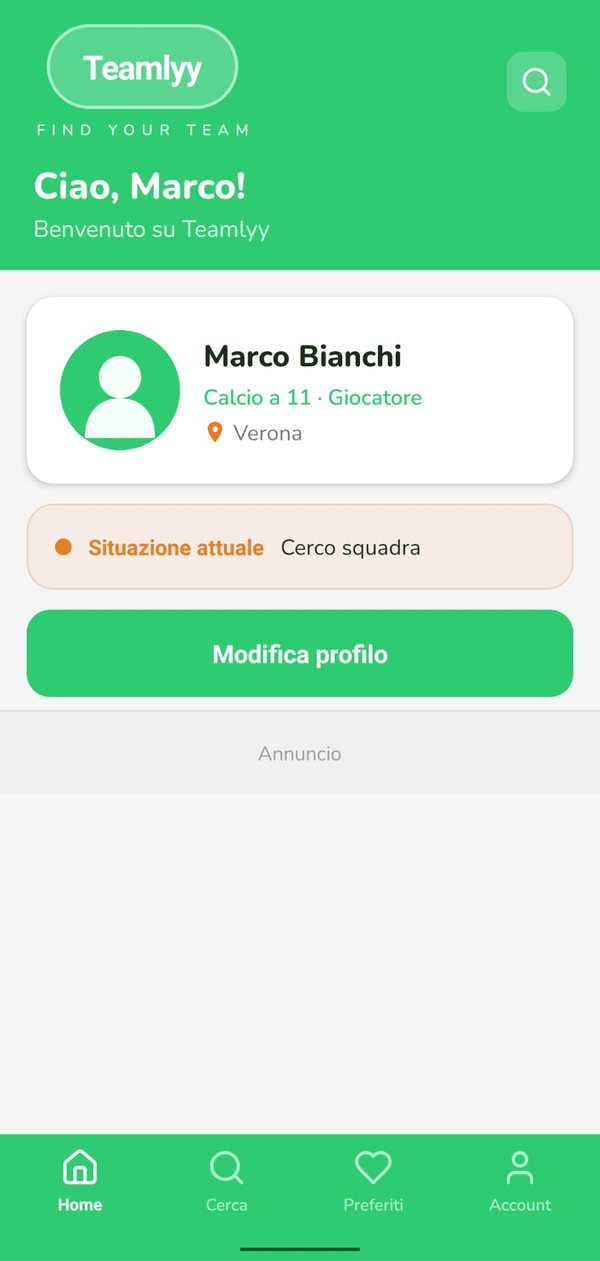 Schermata Home di Teamlyy con il profilo dell'utente e la situazione attuale